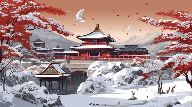 唯美故宫雪景中国风手绘水墨画,插画/手绘图,插画/手绘图库,插画/手绘图下载,插画/手绘